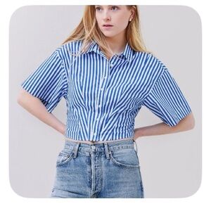 Frame Denim Blue and White Striped Button Down Shirt